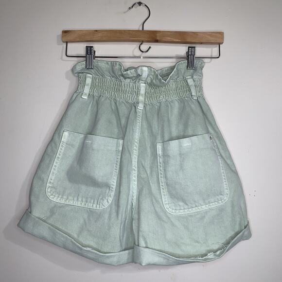 ZARA High Waisted Pastel Green 100% Cotton Women Paper Bag Shorts Size US 2 - Picture 3 of 10